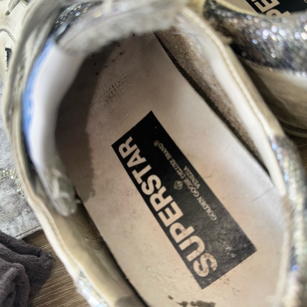 GOLDEN GOOSE LEATHER SUPER STAR SNEAKERS 38 GLITTER TRIM LOW TOP - Picture 10 of 12